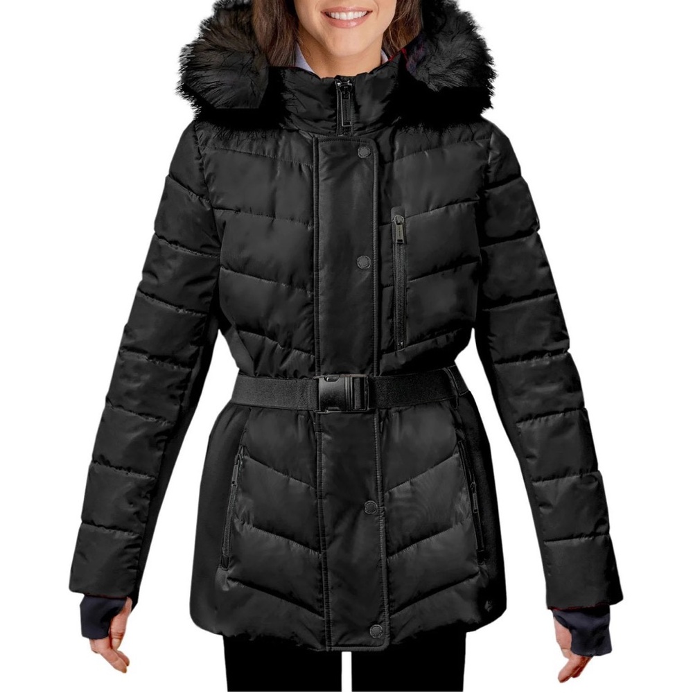 London Fog Black Puffer Jacket with Faux Fur Hood